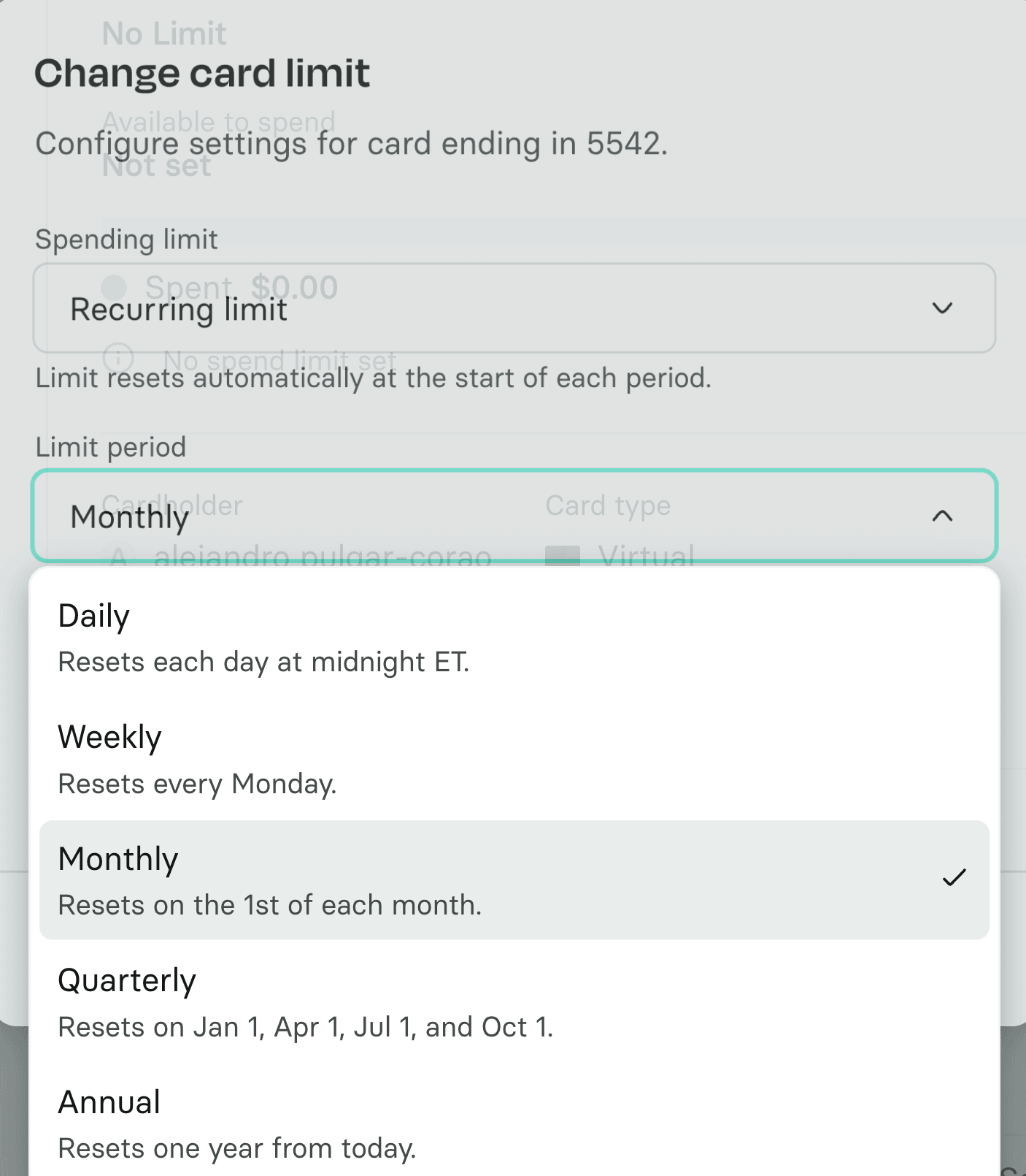 The Change card limit dialog with the limit period dropdown open on daily, weekly, monthly, quarterly and annual